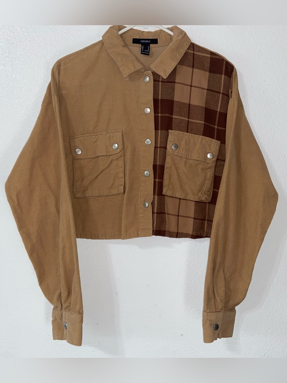 90s Grunge - Forever 21 Cropped Colorblock Corduroy & Plaid Shacket - Cotton
